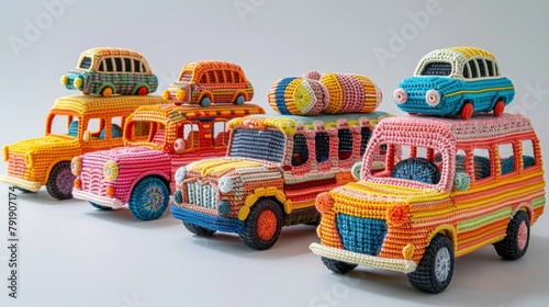 Colorful knitted toy cars displayed in playful collection