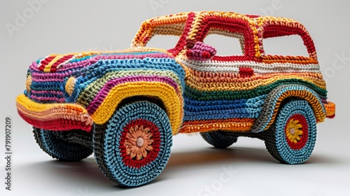 Colorful knitted toy cars displayed in playful collection
