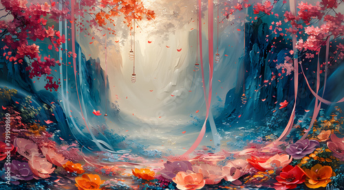Serenade of the Breeze: Dreamy Oil Painting with Ribbons and Wind Chimes