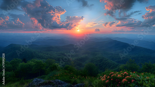 A mountaintop view at sunset, using HDR to capture the vast landscape below and the dramatic sky above