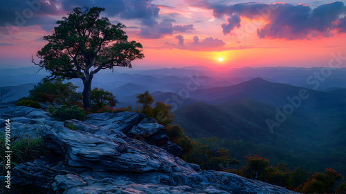 A mountaintop view at sunset, using HDR to capture the vast landscape below and the dramatic sky above