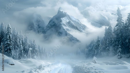 A narrow mountain pass during a snowstorm, captured using HDR to show the swirling snow and the rugged mountain textures