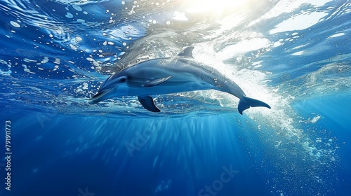  A dolphin swims in the ocean with the sun casting light on its dorsal fin and head breaking the water's surface