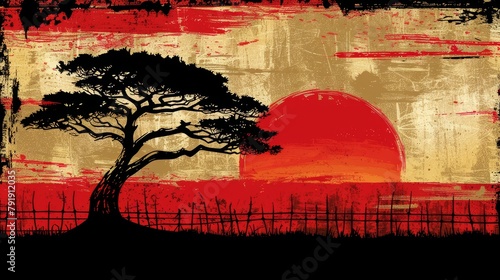  A sunset painting with a tree in the foreground and a fenced enclosure in the background