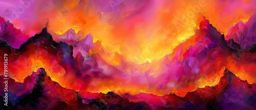 A mountain range painted in abstract style with orange, pink, and yellow hues against a purple and pink backdrop