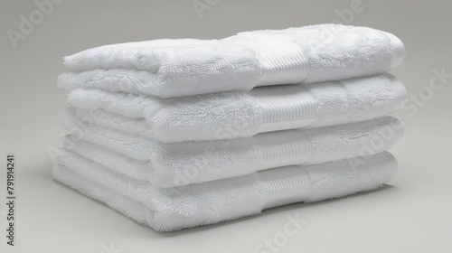  A stack of white towels on a white table, adjacent to a pile of vertically stacked towels