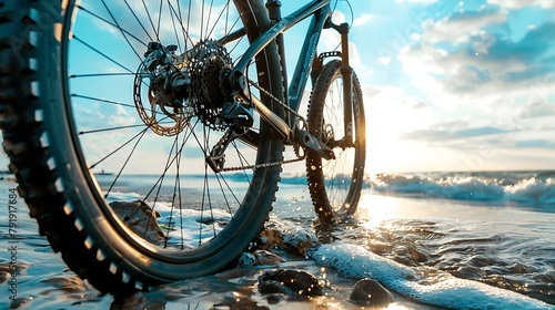 Full suspension bicycle with shock absorber and disc brakes for downhill and cross-country riding extreme bike at beach