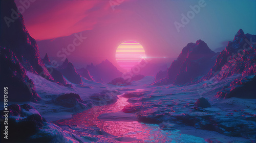 Synthwave retro futurism mountain landscape with a glowing sunset over a frozen river.