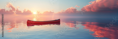 Red canoe on calm water at sunset banner. Panoramic web header. Wide screen wallpaper