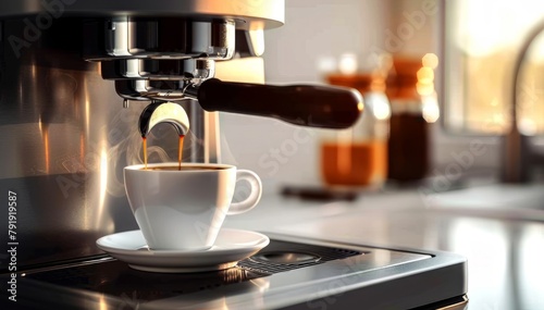Closeup shot of an coffee maker pours freshly brewed hot coffee into a white mug