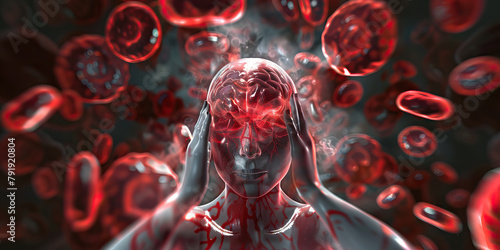 Polycythemia Vera: The Headache and Dizziness - Visualize a person with highlighted blood showing overproduction of red blood cells, experiencing headache and dizziness