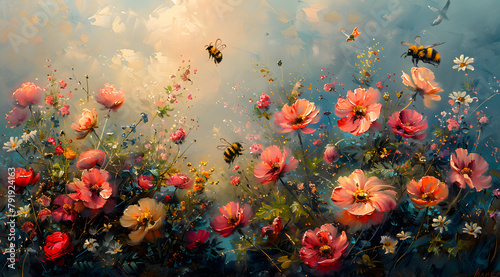 Tranquil Garden Symphony: Serene Oil Painting of Pastel Flowers and Garden Creatures