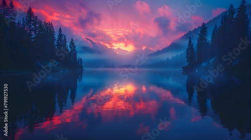 A secluded mountain lake at sunrise, using long exposure to capture the smoothness of the water and the vibrant colors of the sky