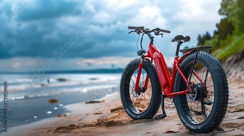 red modern mid drive motor city touring or trekking e bike pedelec with electric engine middle mount battery powered ebike at beach