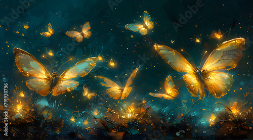 Enchanted Nocturne: Serene Oil Painting of Fireflies and Glowing Butterflies