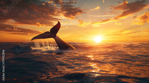A sunset over the sea with a whale wildlife landscape in nature