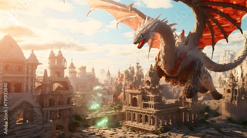 3d illustration of fantasy landscape with a dragon flying over the city