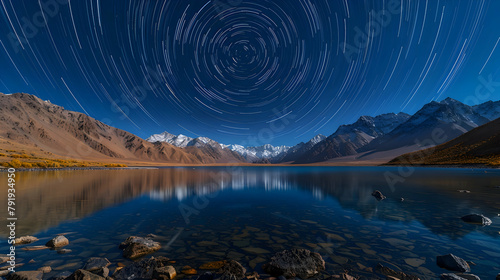 A starry night sky over a tranquil mountain lake, using a wide lens and HDR to capture the brilliance of the stars and the reflection in the water