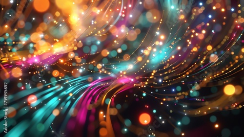 Colorful glowing and shiny particles with a blurred background