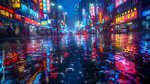 A street during a rainstorm, captured with HDR to enhance the reflection of city lights on the wet pavement and the dramatic dark sky