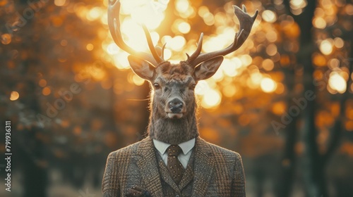 Dapper deer in a tweed suit, accessorized with a pocket square, against a woodland glen backdrop, lit with dappled sunlight, emanating rustic elegance and charm