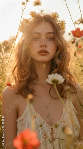 Boho bunny in a flowing maxi dress, sporting flower crown, amidst a wildflower meadow backdrop, lit with golden sunset, emanating whimsical charm and free-spirited style