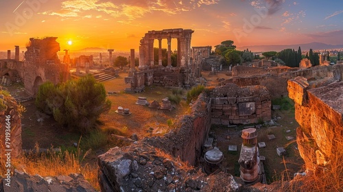 The ruins of an ancient city at sunset.