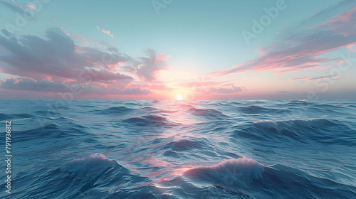 A sunset over a calm ocean, with gentle waves lapping at the shore, captured in wide-angle to include the vastness of the ocean and the vibrant sky