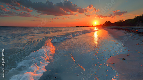 A sunset over a calm ocean, with gentle waves lapping at the shore, captured in wide-angle to include the vastness of the ocean and the vibrant sky