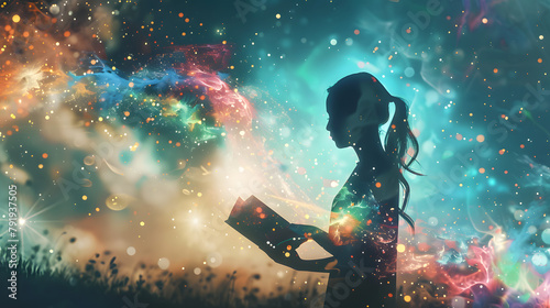 A young girl holding a book, silhouette on colorful imagine sky and meadow field illustration