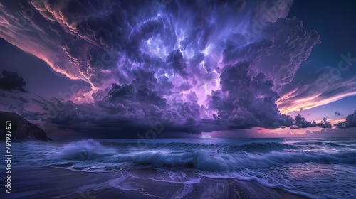 A stormy sea at night with lightning and crashing waves.