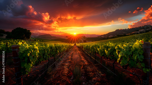A sunset over a vineyard, captured using HDR to vividly render the skya??s colors and the detailed patterns of the vine rows