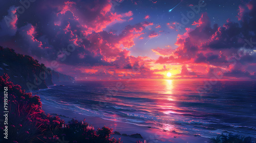 A sweeping view of a coastal cliff at sunset, with vibrant colors in the sky and the ocean below