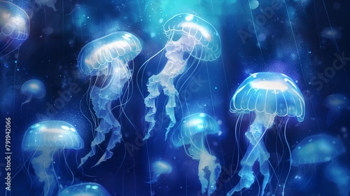 Produce a picture with several lifelike jellyfish, all made of jelly, glistening in the mysteriously deep blue sea.