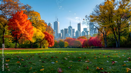 A vibrant city park in autumn, captured in wide-angle to include both the colorful trees and the urban skyline in the background