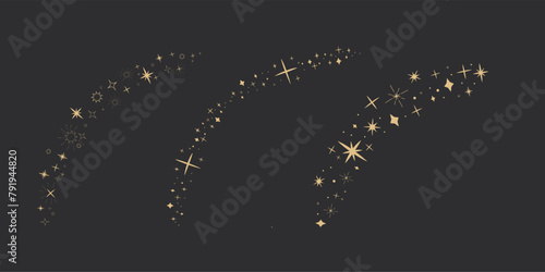 Gold star arch celestial, blink star mystic ornament, shiny minimal decoration on dark background. Shiny elements, starry and dots silhouettes. Comets stars and abstract constellations.