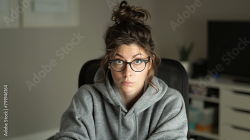 An ordinary-looking woman in her 30s, wearing an unzipped gray hoodie, black-framed glasses, leaning on an office chair, her hair in a bun, and a hoodie.