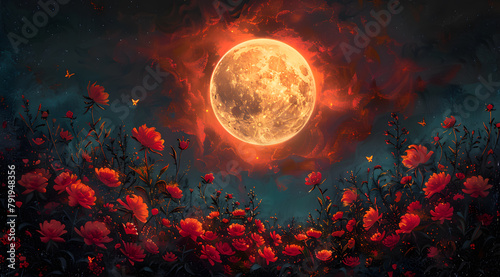Eclipse Radiance: Artistic Oil Painting of Lunar Eclipse and Glowing Garden