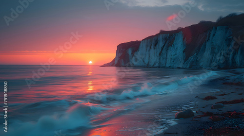 An ocean cliffside during sunset, captured with long exposure to smooth out the waves and enhance the sky's gradient colors