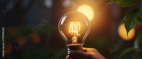 Hand holding light bulb against nature on orange leaf with energy source
