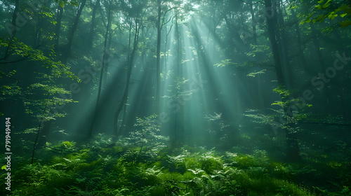 An old forest with sunbeams piercing through thick fog, using HDR to highlight the contrasts between the light and dark areas of the forest