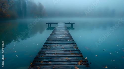 An old wooden pier extending into a foggy lake at dawn, captured in wide-angle to emphasize the length of the pier and the stillness of the lake