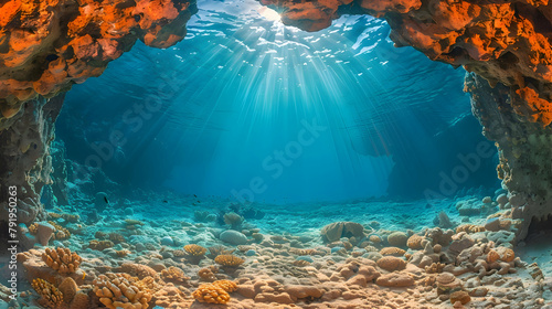 An undersea cave with light filtering through the water, using wide-angle photography to capture the sense of depth and mystery