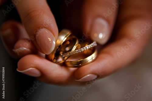 A stunning close-up image showcasing a pair of hands gently holding two shiny gold wedding bands, symbolizing love and marital commitment