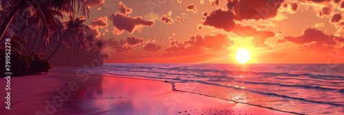 Beautiful sunrise over the Pacific Ocean, Amazingly colorful sea beach sunset with reflective red sand and bright clouds