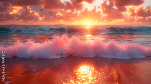 Beautiful cloudscape over the sea, sunrise shot.Sea sand sky concept, sunset colors clouds beachfront horizon. Inspire waves beams, meditation nature landscape, beautiful colors, wonderful scenery of 