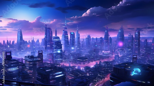 panoramic view of the modern city at night, 3d render