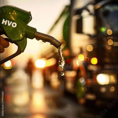 Hand holding green fuelpump that says HVO on top with a clear and translucent drop of fuel falling out