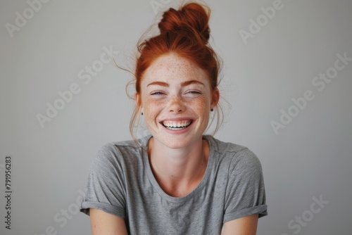 A redhead woman with freckles laughing on a grey background, her hair loose and delightful expression
