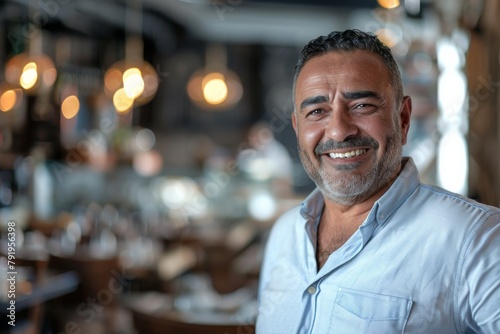 A cheerful adult male with a well-groomed beard smiles warmly in a blurry restaurant background, giving a sense of friendliness